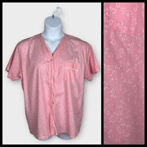 Pink Novelty Bow Print Cotton Short Sleeve Button Front Night Sleep shirt XL 90s